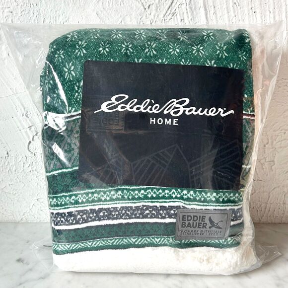 Eddie Bauer Nordic Fair Isle Sherpa Throw - Green/Navy Fleece Blanket Reversible